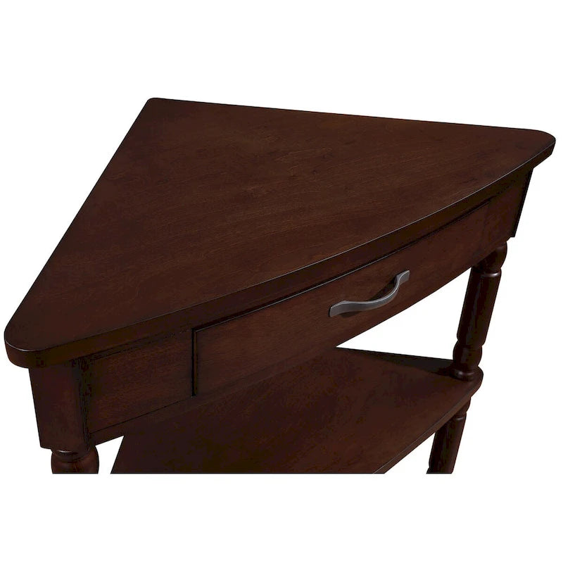 33.8Petite table d'angle triangulaire, table d'appoint en bois pour petits espaces de salon, table d'angle à 3 niveaux avec pieds en bois massif
