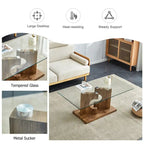 Une table basse rectangulaire moderne avec plateau en verre trempé et pieds en MDF couleur bois. Convient pour le salon.