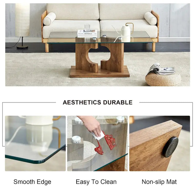 Une table basse rectangulaire moderne avec plateau en verre trempé et pieds en MDF couleur bois. Convient pour le salon.