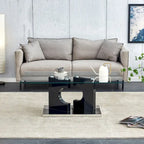 Une table basse rectangulaire moderne avec plateau en verre trempé et pieds en MDF couleur bois. Convient pour le salon.