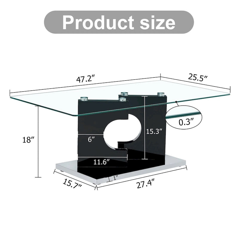 Une table basse rectangulaire moderne avec plateau en verre trempé et pieds en MDF couleur bois. Convient pour le salon.