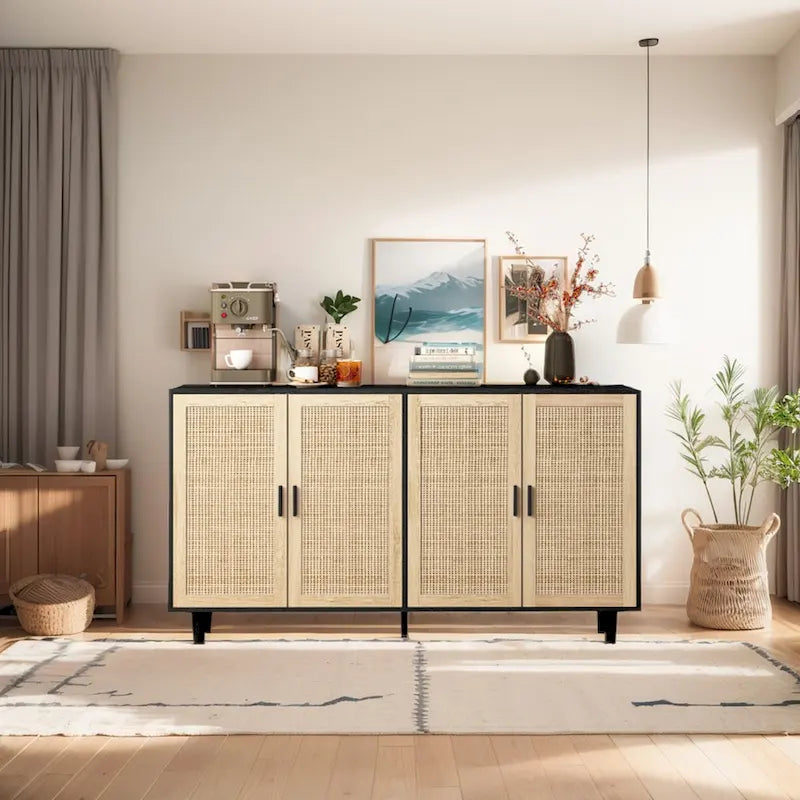 Armoire de rangement décorative en rotin à 4 portes fonctionnelles