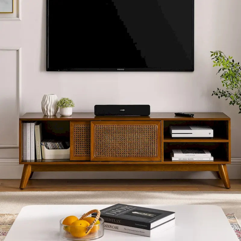 Meuble TV en rotin de 150 cm pour téléviseur de 65 pouces, meuble de divertissement, console multimédia, pieds en bois massif et portes d'armoire en rotin - Bois clair