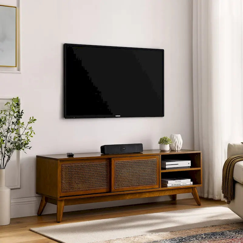 Meuble TV en rotin de 150 cm pour téléviseur de 65 pouces, meuble de divertissement, console multimédia, pieds en bois massif et portes d'armoire en rotin - Bois clair