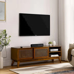 Meuble TV en rotin de 150 cm pour téléviseur de 65 pouces, meuble de divertissement, console multimédia, pieds en bois massif et portes d'armoire en rotin - Bois clair