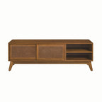 Meuble TV en rotin de 150 cm pour téléviseur de 65 pouces, meuble de divertissement, console multimédia, pieds en bois massif et portes d'armoire en rotin - Bois clair