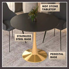 LeisureMod Bristol Table à manger ronde 31 po pour 4 avec plateau en bois MDF et base en acier doré pour cuisine et salle à manger