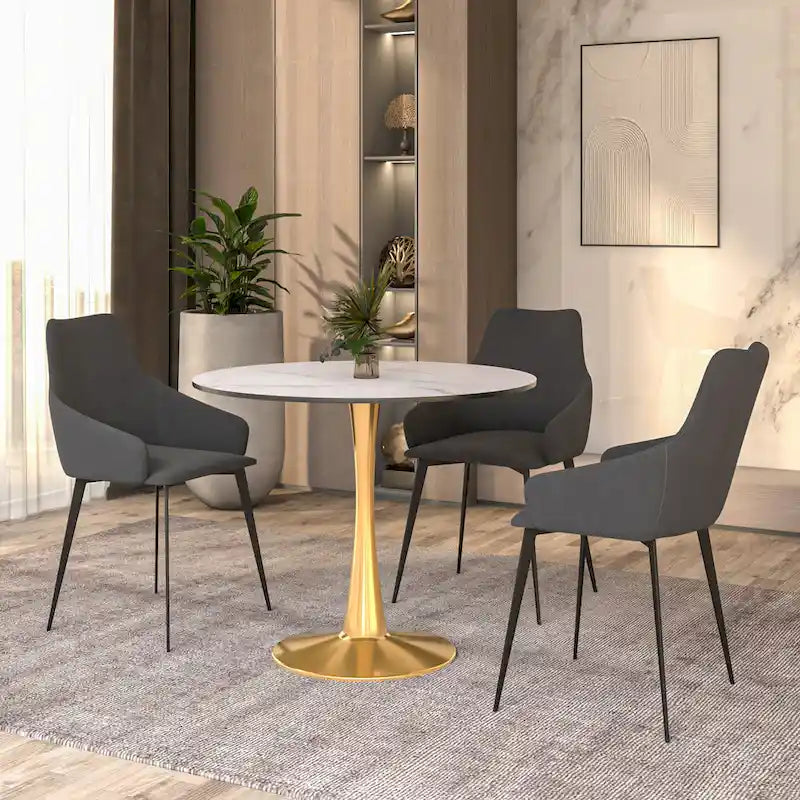 LeisureMod Bristol Table à manger ronde 31 po pour 4 avec plateau en bois MDF et base en acier doré pour cuisine et salle à manger