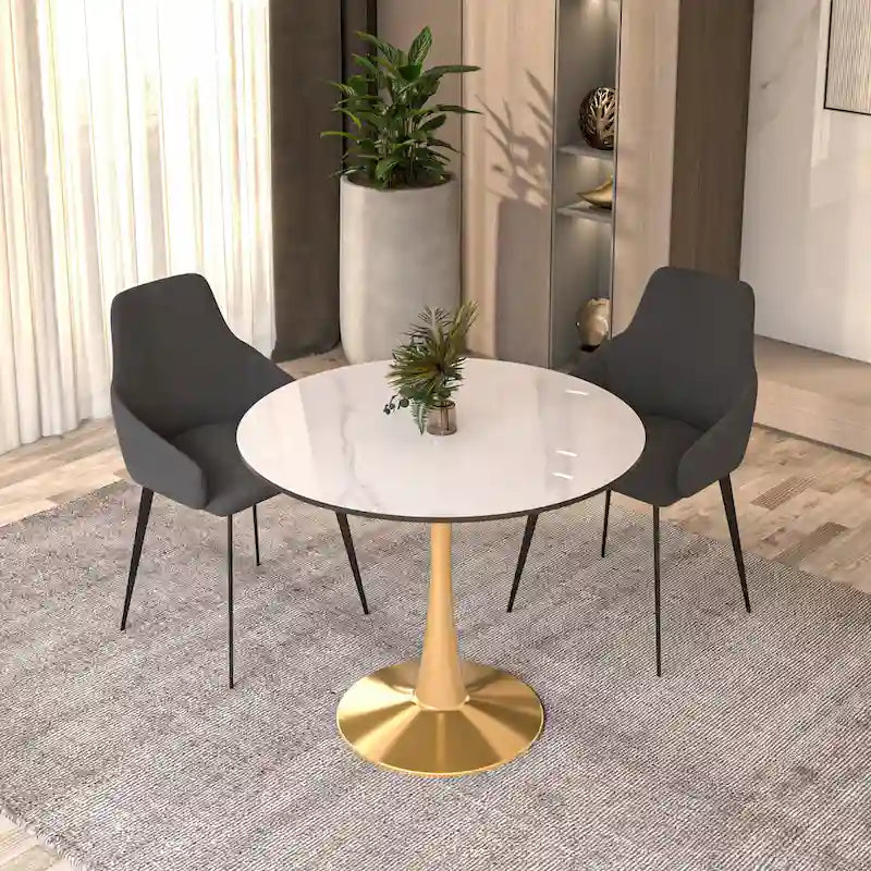 LeisureMod Bristol Table à manger ronde 31 po pour 4 avec plateau en bois MDF et base en acier doré pour cuisine et salle à manger