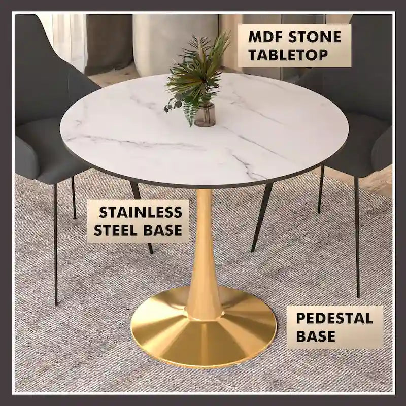 LeisureMod Bristol Table à manger ronde 31 po pour 4 avec plateau en bois MDF et base en acier doré pour cuisine et salle à manger