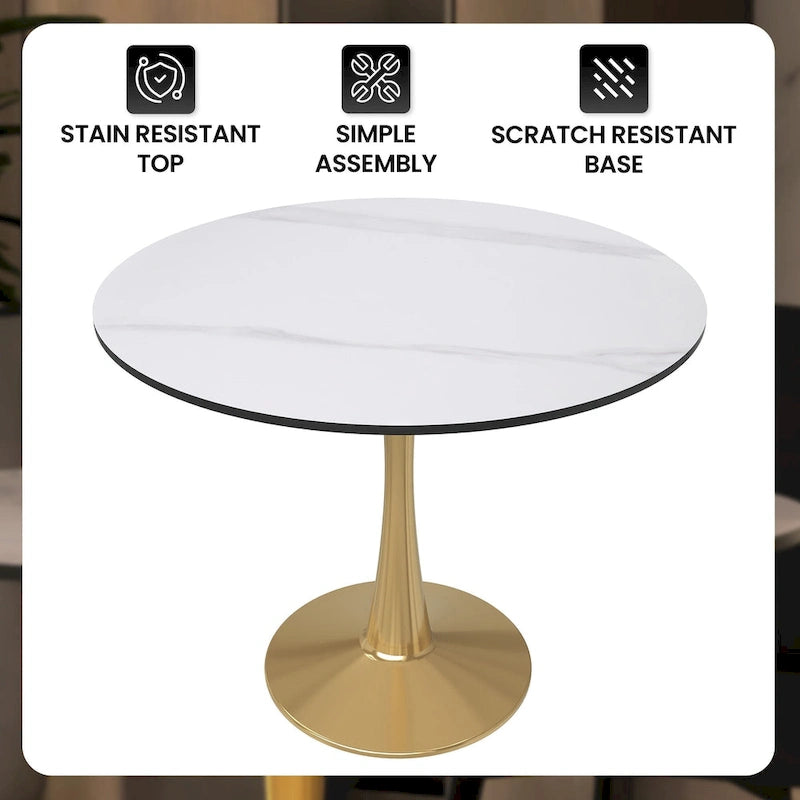 LeisureMod Bristol Table à manger ronde 31 po pour 4 avec plateau en bois MDF et base en acier doré pour cuisine et salle à manger