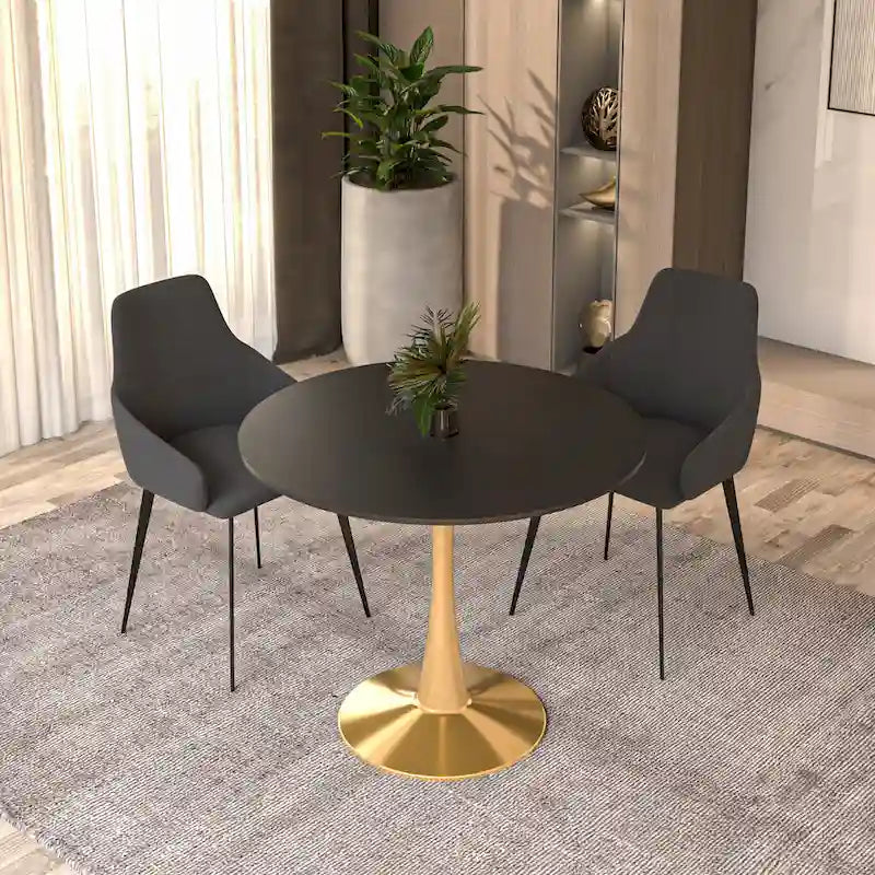 LeisureMod Bristol Table à manger ronde 31 po pour 4 avec plateau en bois MDF et base en acier doré pour cuisine et salle à manger