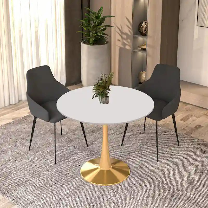 LeisureMod Bristol Table à manger ronde 31 po pour 4 avec plateau en bois MDF et base en acier doré pour cuisine et salle à manger