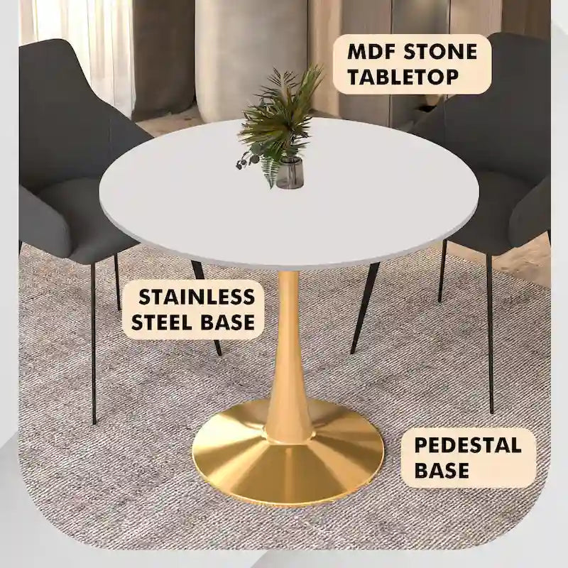 LeisureMod Bristol Table à manger ronde 31 po pour 4 avec plateau en bois MDF et base en acier doré pour cuisine et salle à manger