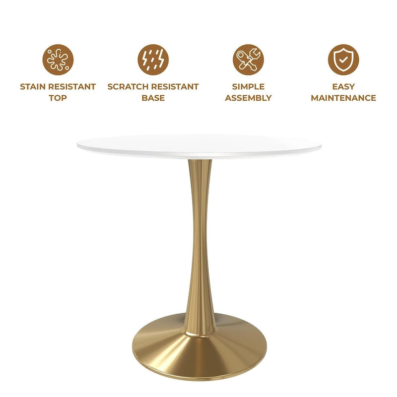 LeisureMod Bristol Table à manger ronde 31 po pour 4 avec plateau en bois MDF et base en acier doré pour cuisine et salle à manger