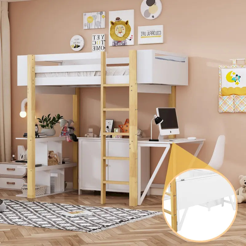 Lit mezzanine en bois avec placard de rangement intégré, casiers et bureau pliant