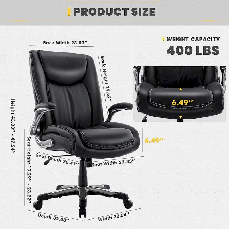 Chaise de bureau pivotante ergonomique pour ordinateur, accoudoirs rabattables, siège large et épais, support lombaire renforcé, capacité de 180 kg pour la maison et le bureau