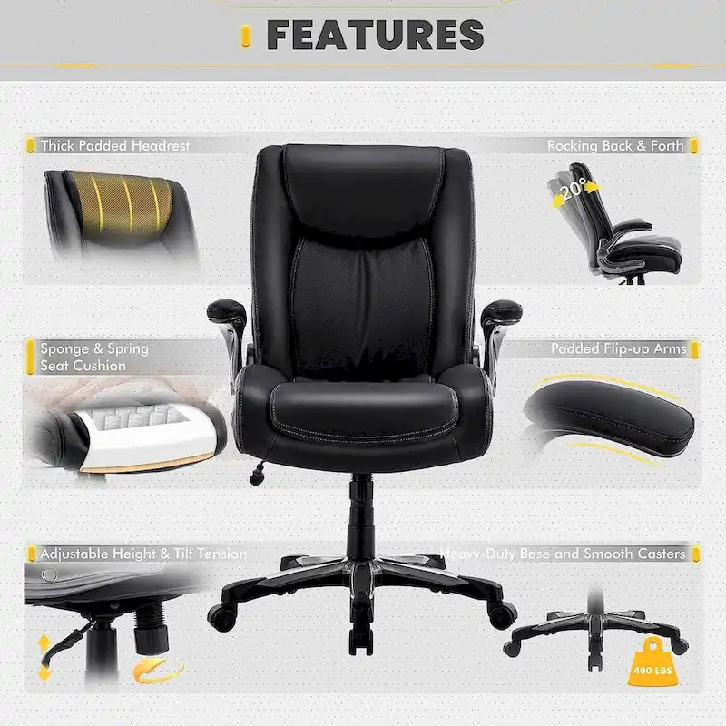 Chaise de bureau pivotante ergonomique pour ordinateur, accoudoirs rabattables, siège large et épais, support lombaire renforcé, capacité de 180 kg pour la maison et le bureau