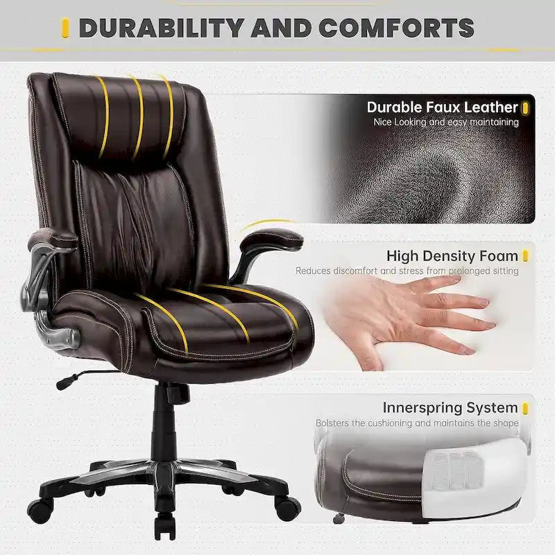 Chaise de bureau pivotante ergonomique pour ordinateur, accoudoirs rabattables, siège large et épais, support lombaire renforcé, capacité de 180 kg pour la maison et le bureau
