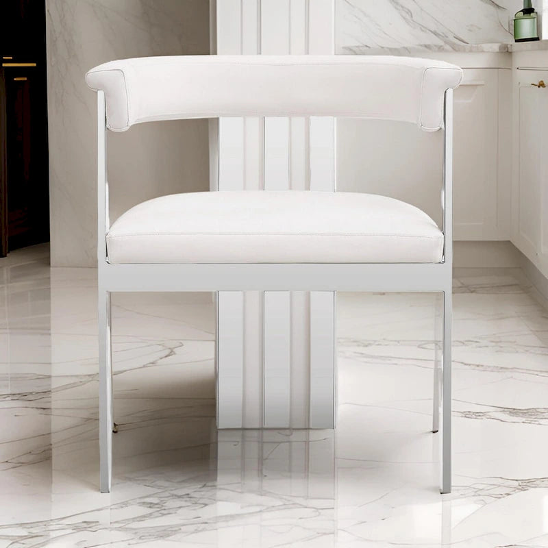 Chaise de salle à manger Cid Tayc 25 pouces, similicuir blanc, structure en acier inoxydable