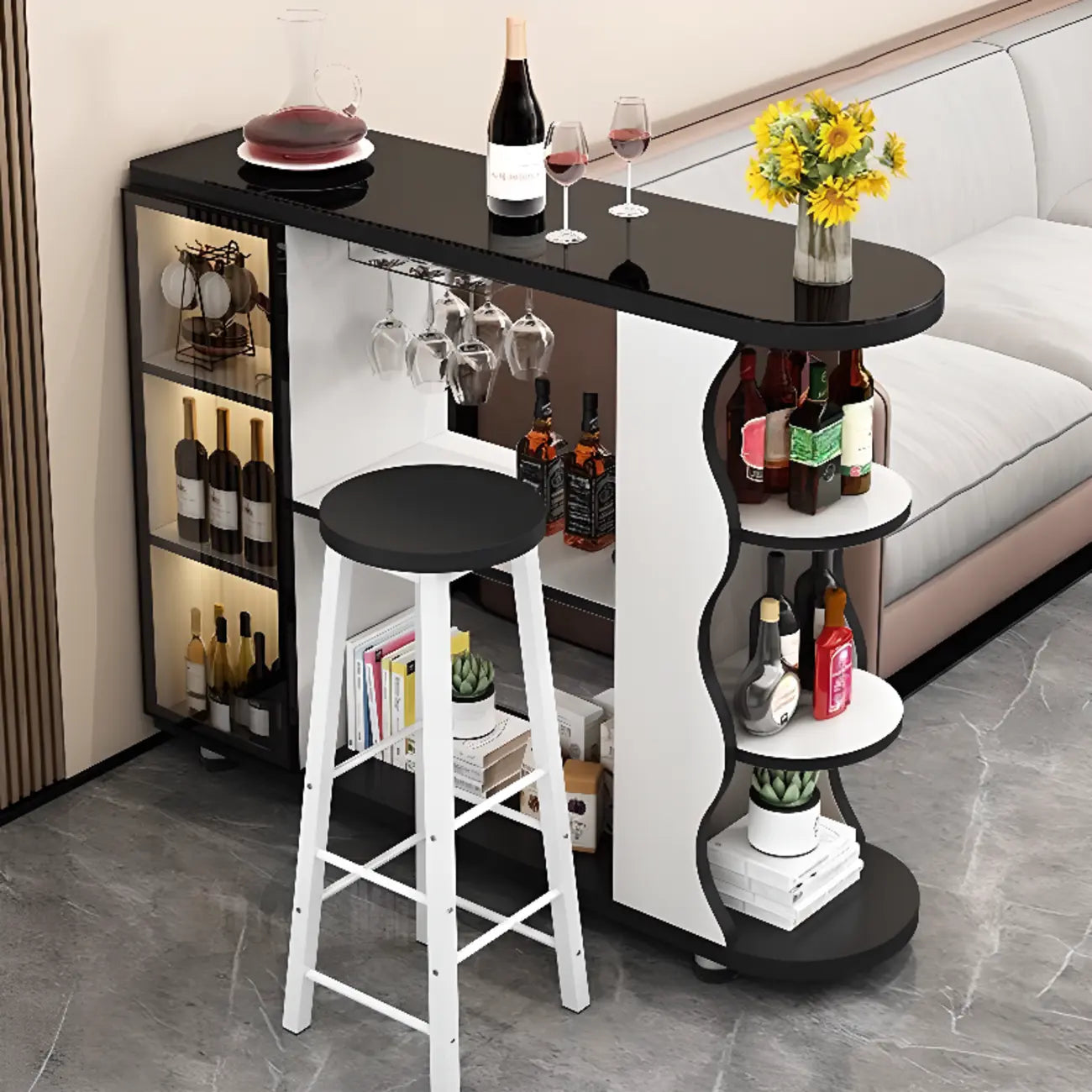 Table de bar îlot avec plateau en pierre et rangement pour bars à domicile