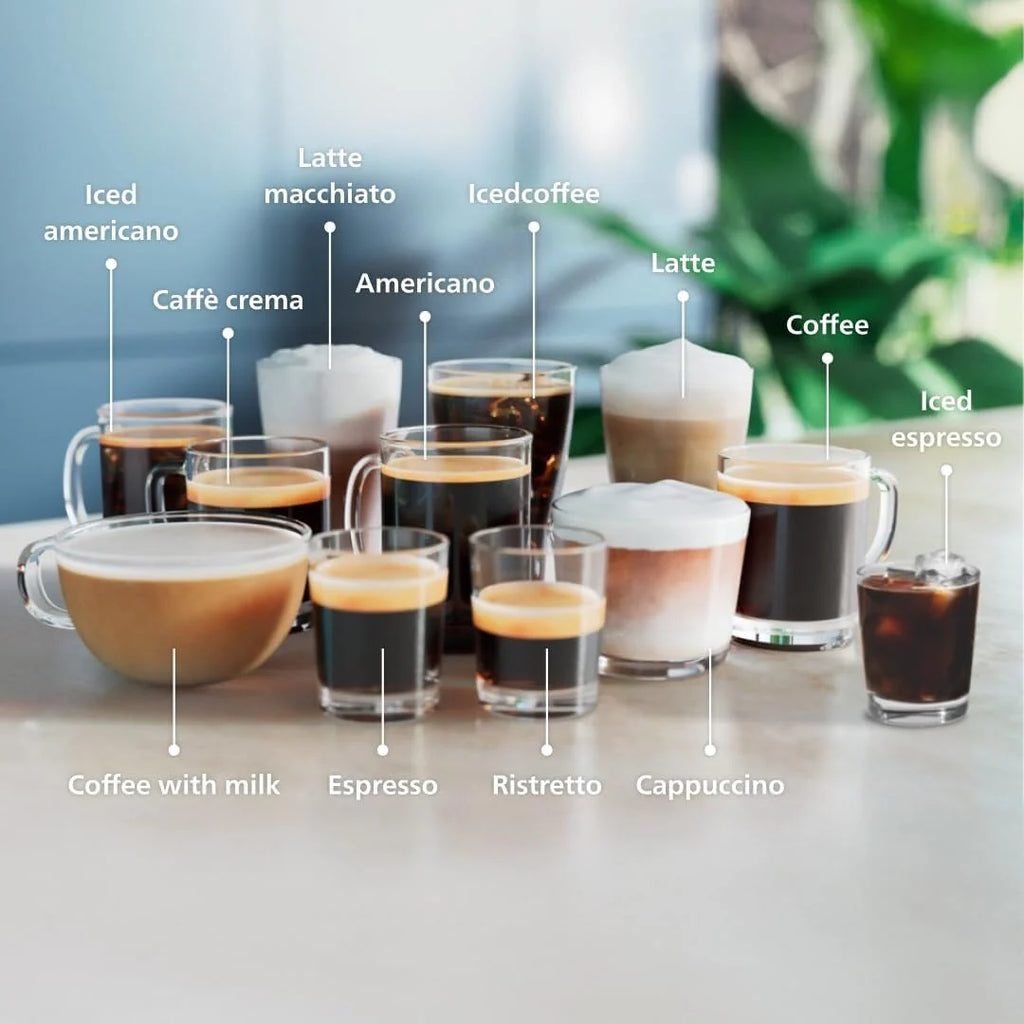 Machine à expresso haut de gamme, 12 cafés chauds/glacés, système LatteGo, moulin en céramique, chrome noir
