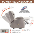 Fauteuil inclinable électrique pivotant et à bascule avec coussin de soutien lombaire et cervical, ports USB et Type-C