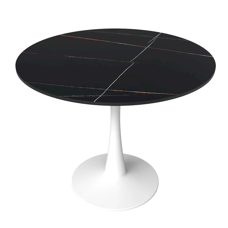 Table à manger ronde Bristol pour 4 personnes, plateau en pierre frittée de 35 pouces avec pied central en acier inoxydable blanc