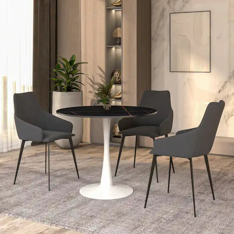 Table à manger ronde Bristol pour 4 personnes, plateau en pierre frittée de 35 pouces avec pied central en acier inoxydable blanc