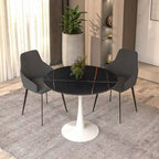 Table à manger ronde Bristol pour 4 personnes, plateau en pierre frittée de 35 pouces avec pied central en acier inoxydable blanc