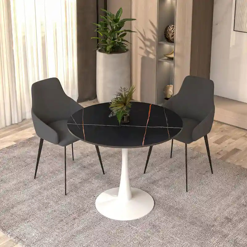 Table à manger ronde Bristol pour 4 personnes, plateau en pierre frittée de 35 pouces avec pied central en acier inoxydable blanc