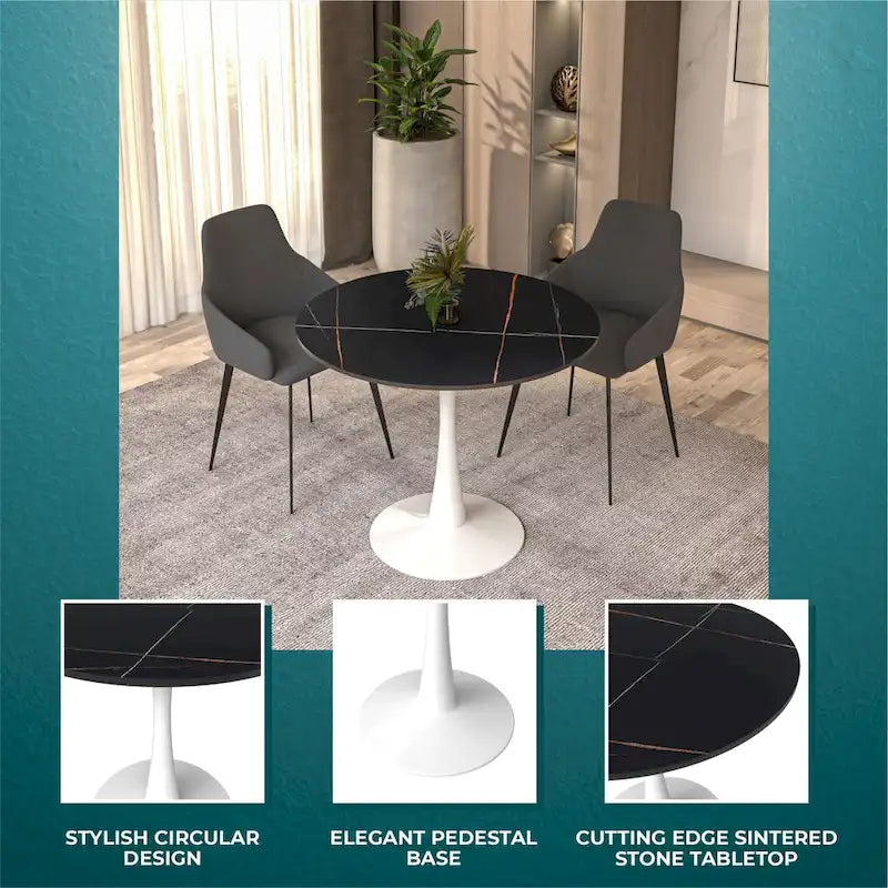 Table à manger ronde Bristol pour 4 personnes, plateau en pierre frittée de 35 pouces avec pied central en acier inoxydable blanc