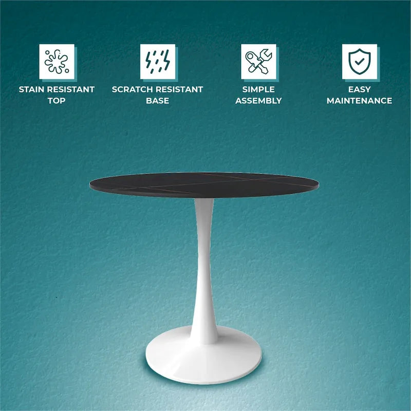 Table à manger ronde Bristol pour 4 personnes, plateau en pierre frittée de 35 pouces avec pied central en acier inoxydable blanc