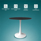 Table à manger ronde Bristol pour 4 personnes, plateau en pierre frittée de 35 pouces avec pied central en acier inoxydable blanc