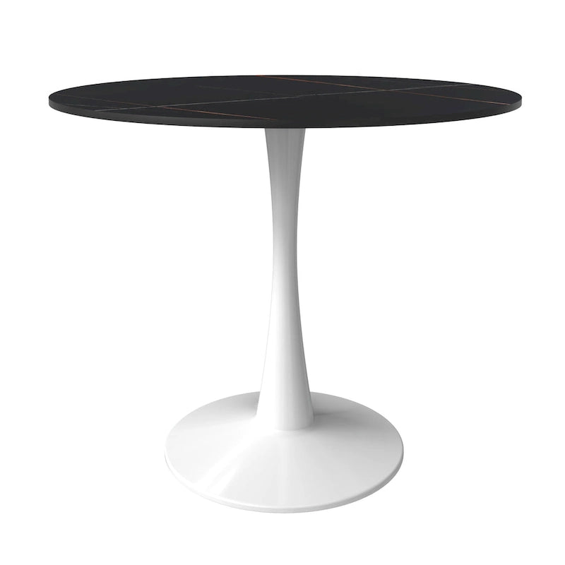 Table à manger ronde Bristol pour 4 personnes, plateau en pierre frittée de 35 pouces avec pied central en acier inoxydable blanc
