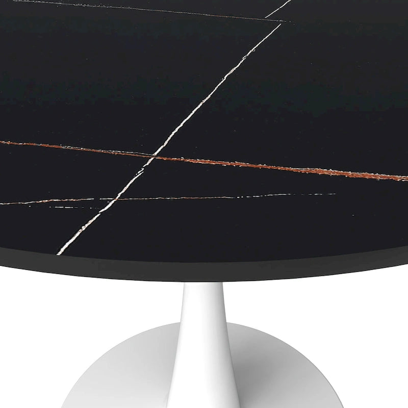 Table à manger ronde Bristol pour 4 personnes, plateau en pierre frittée de 35 pouces avec pied central en acier inoxydable blanc
