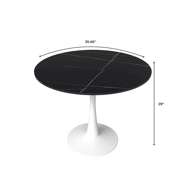 Table à manger ronde Bristol pour 4 personnes, plateau en pierre frittée de 35 pouces avec pied central en acier inoxydable blanc