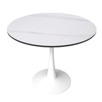 Table à manger ronde Bristol pour 4 personnes, plateau en pierre frittée de 35 pouces avec pied central en acier inoxydable blanc