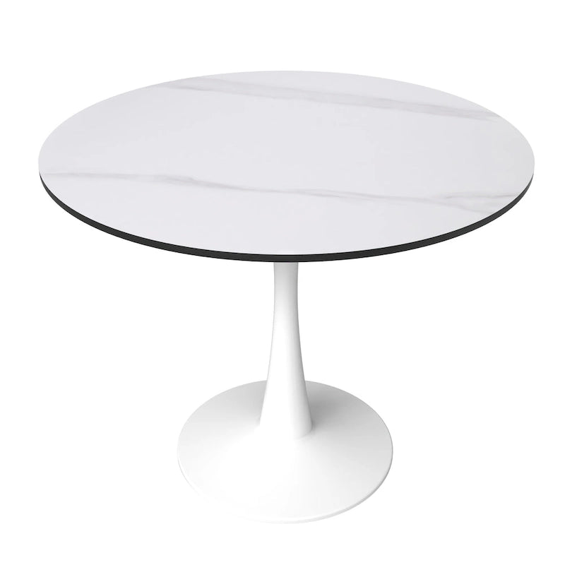Table à manger ronde Bristol pour 4 personnes, plateau en pierre frittée de 35 pouces avec pied central en acier inoxydable blanc