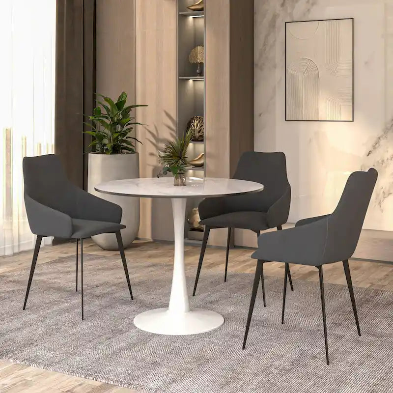 Table à manger ronde Bristol pour 4 personnes, plateau en pierre frittée de 35 pouces avec pied central en acier inoxydable blanc