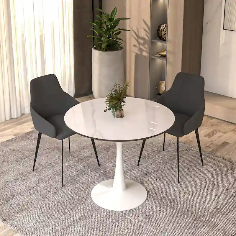 Table à manger ronde Bristol pour 4 personnes, plateau en pierre frittée de 35 pouces avec pied central en acier inoxydable blanc