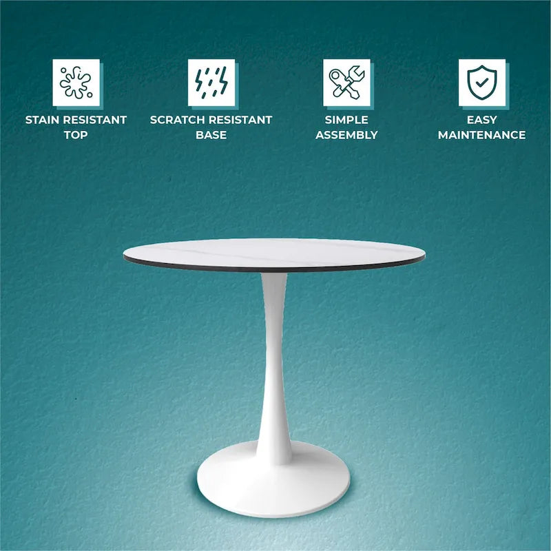 Table à manger ronde Bristol pour 4 personnes, plateau en pierre frittée de 35 pouces avec pied central en acier inoxydable blanc