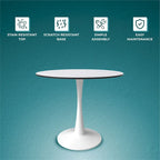 Table à manger ronde Bristol pour 4 personnes, plateau en pierre frittée de 35 pouces avec pied central en acier inoxydable blanc
