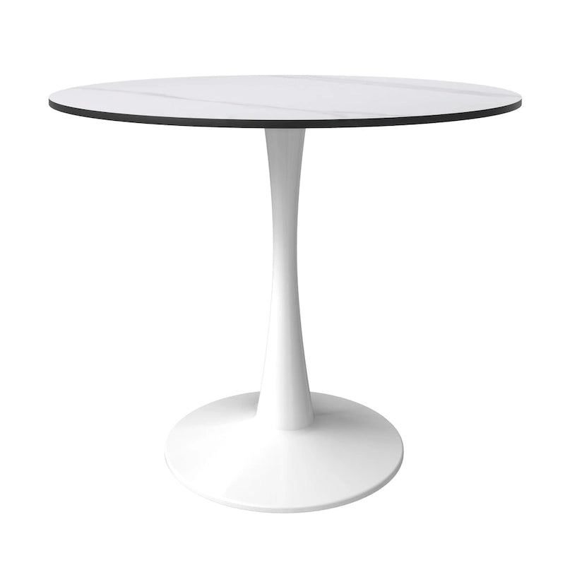 Table à manger ronde Bristol pour 4 personnes, plateau en pierre frittée de 35 pouces avec pied central en acier inoxydable blanc