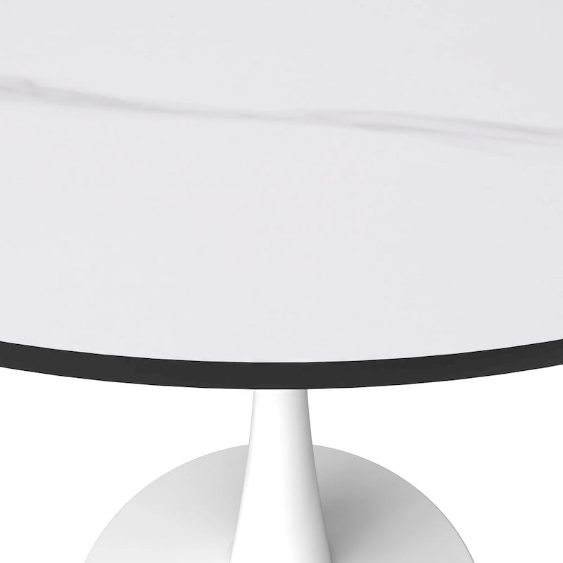 Table à manger ronde Bristol pour 4 personnes, plateau en pierre frittée de 35 pouces avec pied central en acier inoxydable blanc
