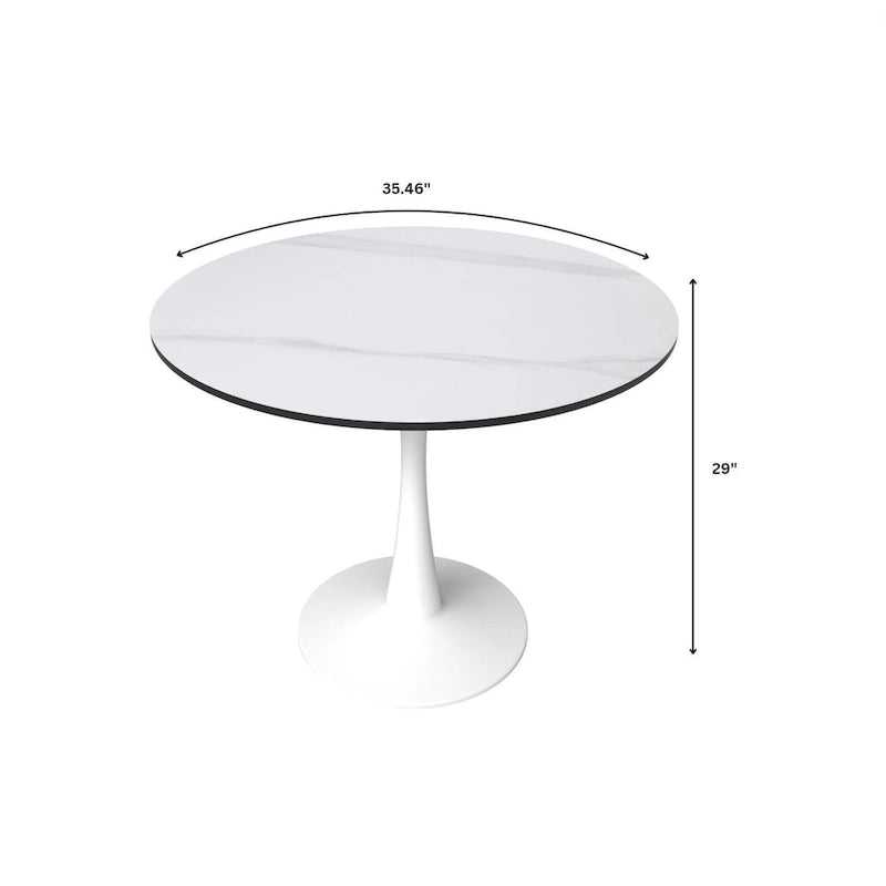 Table à manger ronde Bristol pour 4 personnes, plateau en pierre frittée de 35 pouces avec pied central en acier inoxydable blanc