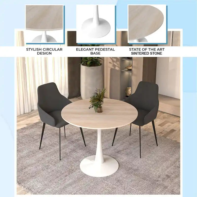 Table à manger ronde Bristol pour 4 personnes, plateau en pierre frittée de 35 pouces avec pied central en acier inoxydable blanc