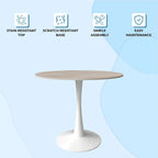 Table à manger ronde Bristol pour 4 personnes, plateau en pierre frittée de 35 pouces avec pied central en acier inoxydable blanc