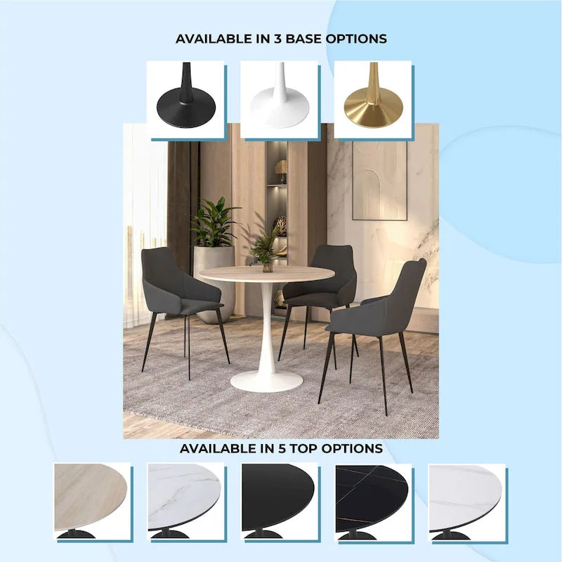 Table à manger ronde Bristol pour 4 personnes, plateau en pierre frittée de 35 pouces avec pied central en acier inoxydable blanc