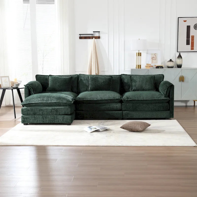 Canapé d'angle modulable trois places surdimensionné et confortable en tissu chenille